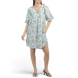 CYNTHIA ROWLEY Light Green Linen Blend Printed Puff Sleeve Mini Dress